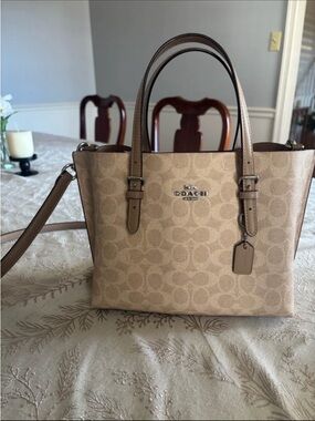 COACH Beige Signature Canvas Tote with Leather Trim